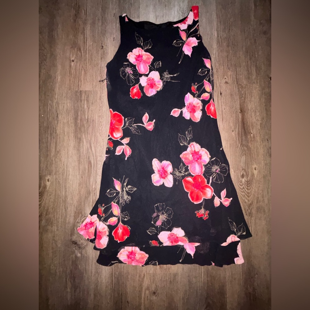 Vintage Jones New York 10 Black Floral Bias Dress Sleeveless